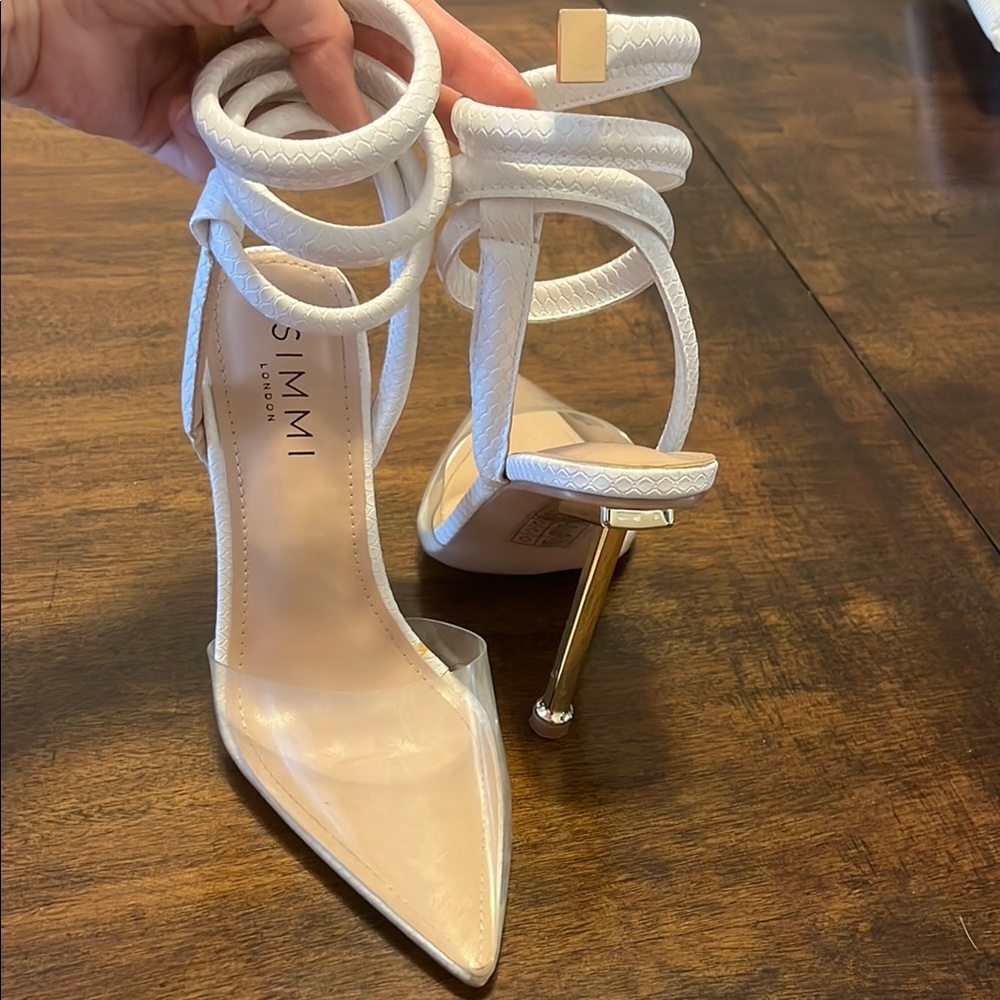 White and Gold Stiletto Heels Clear Vamps Spiral Crocodile-like Straps